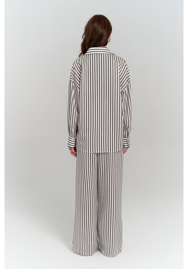 Beatrix Kahve Çizgili Ekru Gömlek Pantolon Takım Kahve