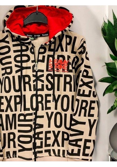 Erkek Çocuk Harf Baskılı Şardonlu Kapüşonlu Hırka-14808 Bej