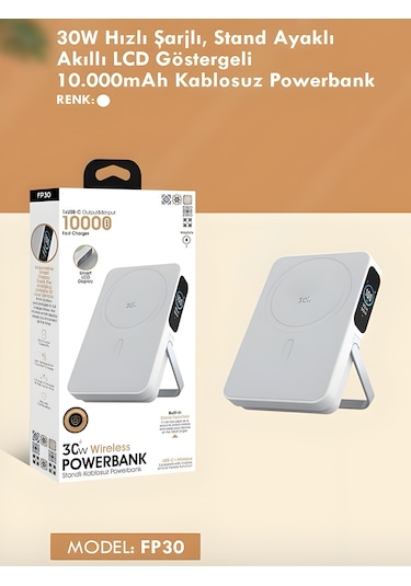 10000mah 30w Hızlı Şarjlı Dijital Göstergeli Taşınabilir Kablosuz Magsafe Powerbank Beyaz Beyaz