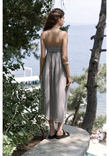 Mai Collection Mai Studios Co. Torrora Uzun Vizon Keten Elbise Vizon