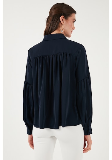 Lela Regular Fit Dikiş Detaylı Düz Yaka Balon Kol Bayan Gömlek 611Go00003 Lacivert