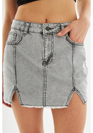 Kadın Pileli Yırtmaçlı Yüksek Bel Mini Kot Etek Antrasit-antrasit Antrasit