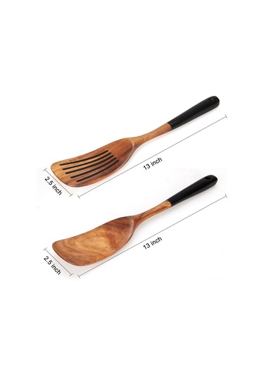 Kangvka 2 Parça Sağlıklı Ahşap Mutfak Spatula Seti - Yuvarlanabilir Ve Delikli, Teflon Tencere Uyumlu, Dayanıklı Ahşap Kürdan Siyah