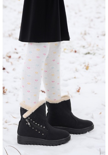 Kiko Kids Hezan Fermuarlı Kız Çocuk Bot Ayakkabı Siyah - Bej Siyah - Bej