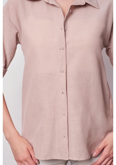 Kadın Keten Düşük Omuzlu Yakalı Kapri Kol Apoletli Gömlek -taş Taş