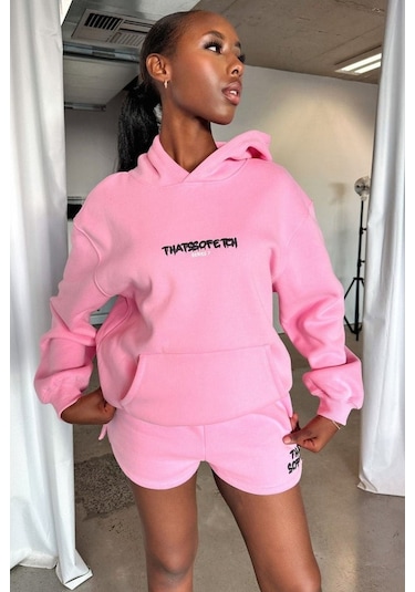Thatsofetch Series 7 Sweatshirt - Pembe Baskılı Oversize Kapüşonlu Pembe