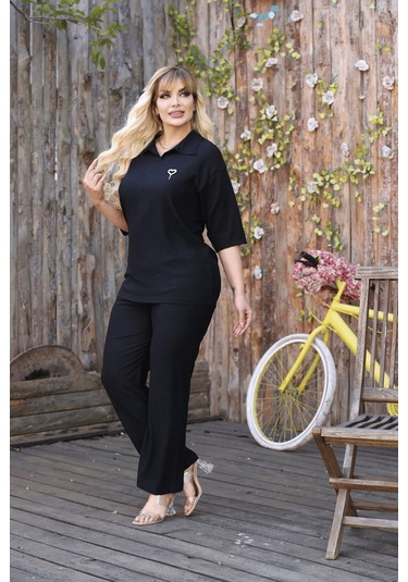 Kadın Günlük Patlı Gömlek Yaka Pantolon Takım Bürümcük Kumaş Siyah