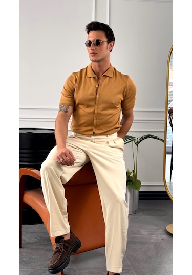 Modefendi Slim Fit Polo Yaka Triko Pamuk Kısa Kollu Gömlek Taba