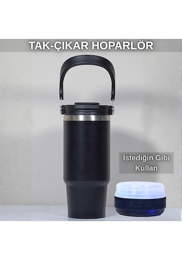 Bluetooth Hoparlörlü Paslanmaz Çelik Termos Bardak 600 Ml -pipetli ,çift Kullanımlı Kapak Siyah