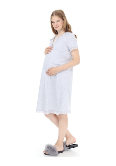 Luvmabelly Myra9590 Önden Çıt Çıtlı Dantelli Hamile Geceliği - Gri-gri