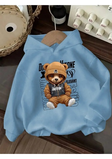 Kışlık Kapüşonlu Sweatshirt, Çocuk Ayıcık Baskılı Bebe Mavisi