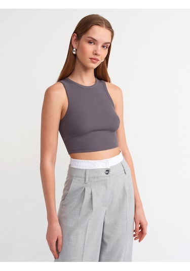 Dilvin Dikiş Efektli Crop Top Füme