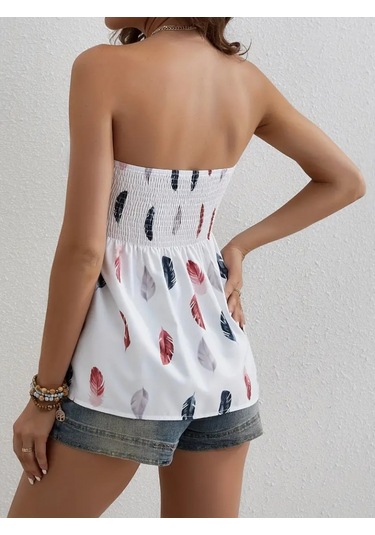 Ge Ticaret Kadın Yaprak Desenli Göğsü Gipeli Mosskrep Straplez Bluz Beyaz