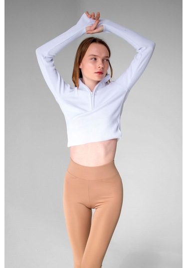 Siyah Bilek Detaylı Fermuarlı Crop Bluz Beyaz