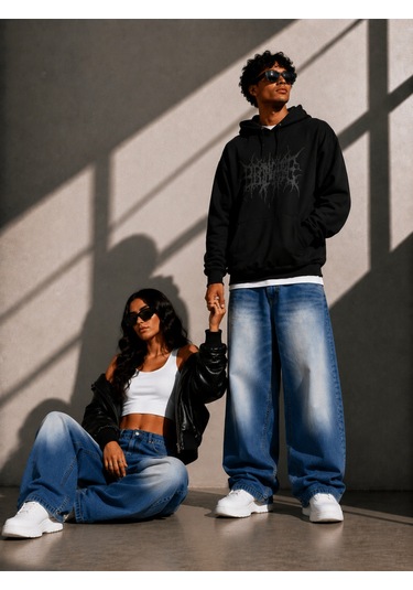 St.poll Unisex Baggy Jean Pantolon Mavi