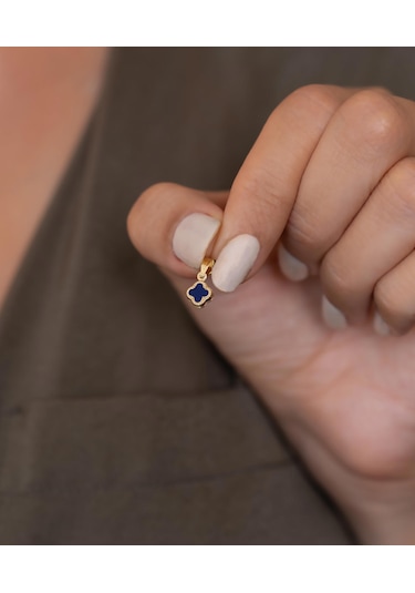 Bayar Gold 14 Ayar Altın Lacivert Renkli Yonca Kolye Ucu Sarı Altın