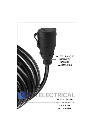 Kauçuk Tekli Seyyar Uzatma Kablosu - 3x2.5 Ttr Kalın Siyah Kablo- 20 Metre 20 Metre