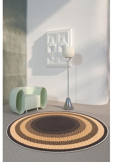 Zeminde Sıcaklık Örgü Desen Görünümlü Yuvarlak Kaymaz Taban Halı Bej - Kahve