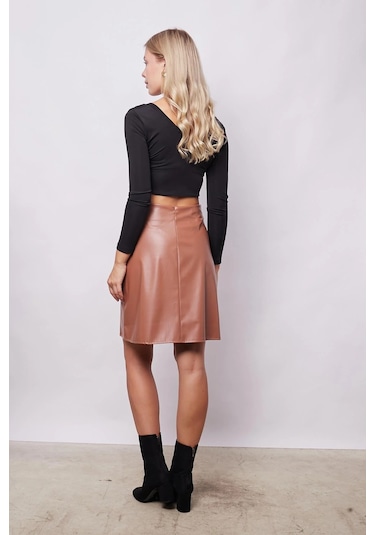 Kadın Hafif Likralı Deri Yüksek Bel Diz Boy Çan Etek-camel CAMEL