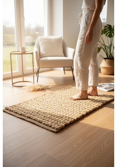 Akayev Nature Jüt Hasır Dikdörtgen Saçaklı Paspas 65x45 Cm Kahverengi