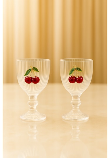 2 Li Kristal Cam Kahve Yanı Su Bardağı Kiraz Bardak Kirazlı 75ml