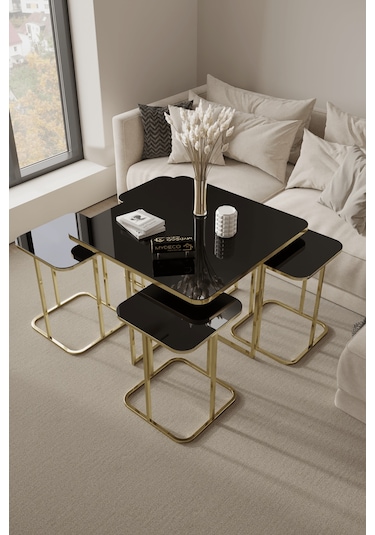 4+1 Gold Kaplama Siyah Ayna Radüslü Orta Sehpa