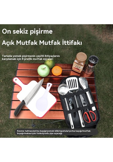Açık Ocak Dokuz Parçalı Kamp Barbekü Paslanmaz Çelik Kesici Kesme Tahtası Ordu Yeşil Baskı 9 Parça Seti Yeşil