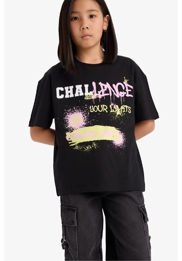 Defacto Kız Çocuk Oversize Geniş Kalıp Bisiklet Yaka Baskılı Kısa Kollu Tişört E0386a825smbk81 Siyah