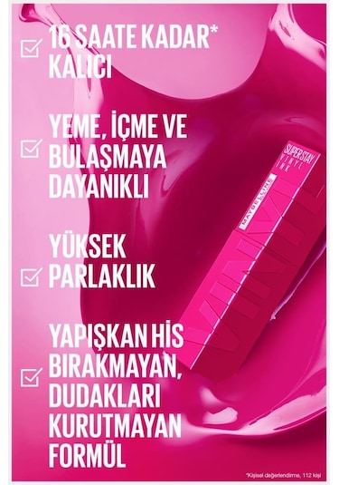 Maybelline New York Super Stay Vinyl Ink Uzun Süre Kalıcı Likit Parlak Ruj 155 Upbeat