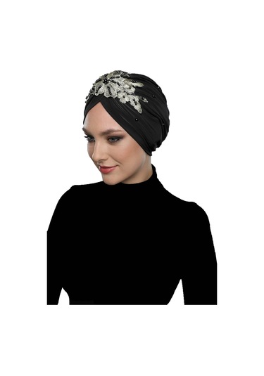 Kopma Astarlı İşlemeli Siyah Sarı Dantel Motifli Hazır Türban Tesettür Abiye Bone Siyah - Sarı