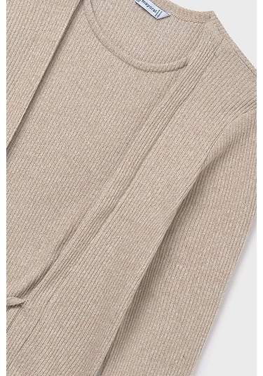 Kız Çocuk Önü Bağlamalı Örme Triko - Bej Susam