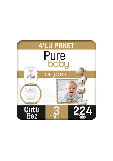 Pure Baby Organik Pamuklu Cırtlı Bez 4'lü Paket 3 Numara Midi 224 Adet 4'lü