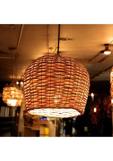 Hasır Yuvarlak Avize El Yapımı 30 Cm Sarı Bej - Sarı