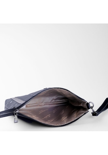 Deri Company Kadın Basic Clutch Çanta Monogram Desenli Şeritli Siyah Gri (4006SG) 214012 Gri - Siyah