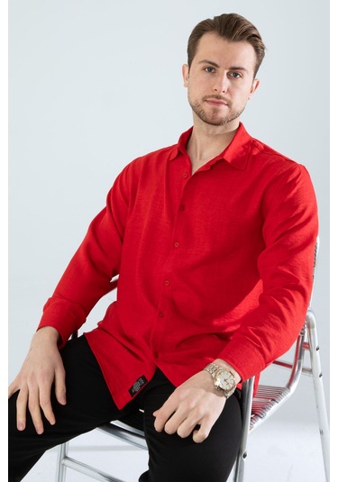 Rahat Kesim Keten Dokulu Gömlek Kırmızı