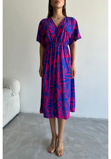 Kadın Mor Derin V Yaka Yazlık Uzun Önden Yırtmaçlı Viskon Elbise