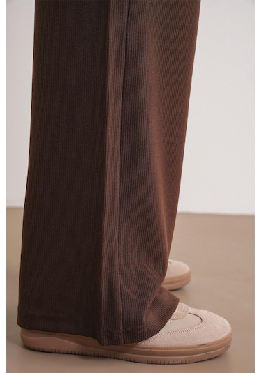 4757 Kadın Lastikli Bol Paça Örme Dökümlü Selanik Pantalon Kahve Kahve