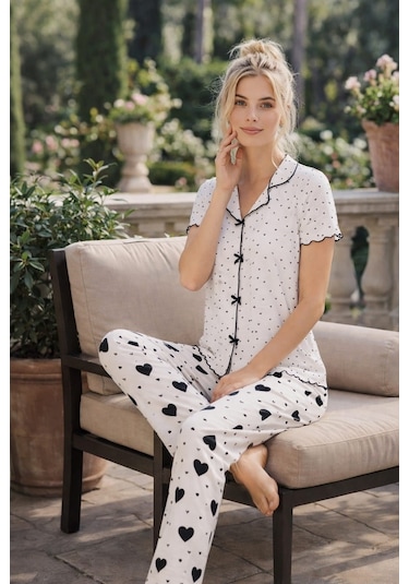 Kadın 01643 Kısa Kol Kaşkorse Pijama Takımı Ekru