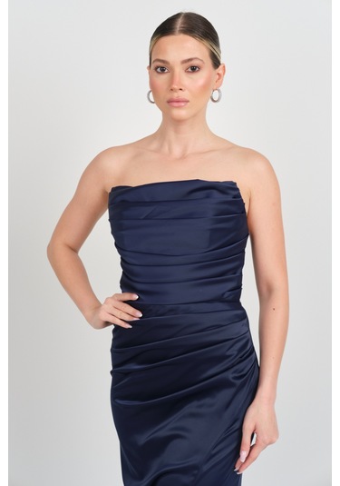 Doridorca Kadın Straplez Drapeli Saten Maxi Abiye Elbise 7051 Lacivert Lacivert