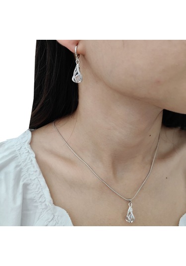 Chavin Zirkon Taş Gümüş Bayan Kolye ve Küpe Seti es10by Beyaz