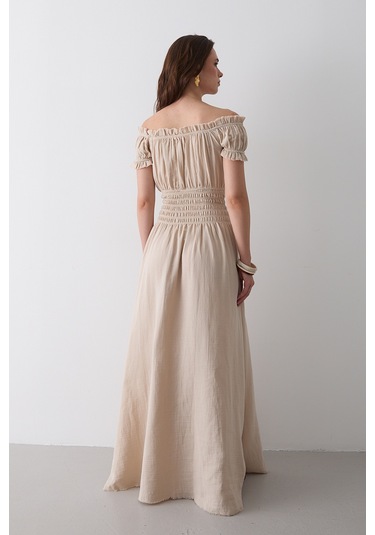 Natural Büzgülü Elbise - 2002 Bej