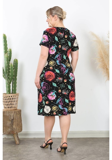Kadın Siyah Çok Renkli Çiçek Desen Midi Elbise Siyah