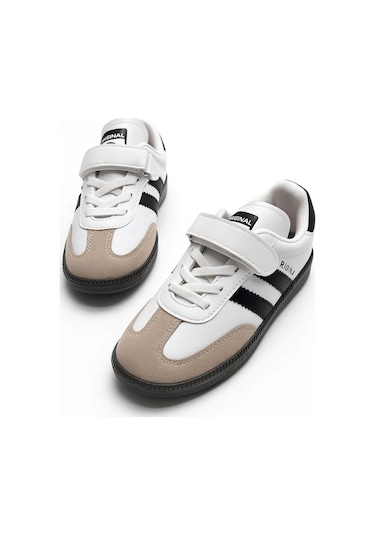 Günlük Unisex Çocuk Sneaker Bağcıklı Hafif Esnek Kaymaz Taban Ayakkabı 105 Beyaz Siyah