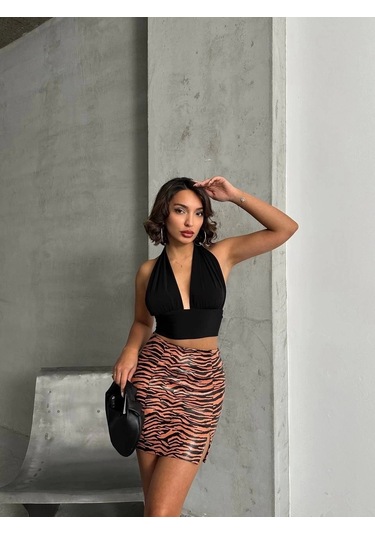 Tek Yırtmaçlı Zebra Desenli Deri Etek Kahvesiyah W24475-s Kahve