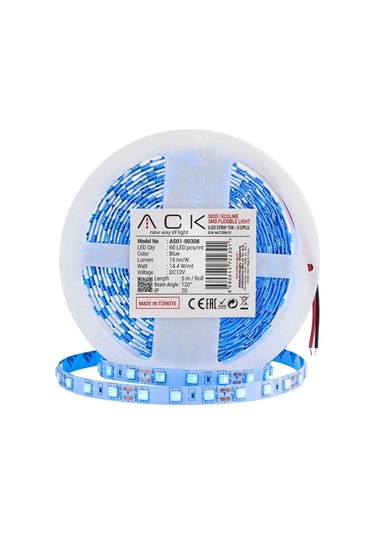 Buffer Mavi Led Şerit 5m 60 Led/m 12v 14.4w Güçlü 3 Çipli Işık Şerit Led