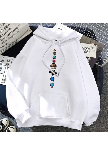 Dokuz Gezegen Evren Güneş Sistemi Kapüşonlu 15145 Beyaz