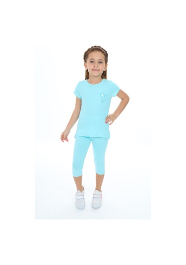Toontoy Kız Çocuk Varaklı Kalp Baskılı Kaprili Takım Su Yeşili