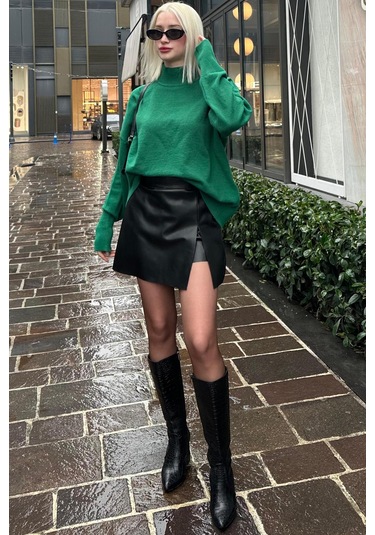 Siyah Mini Boy Kadın Deri Etek Mg2298 Siyah