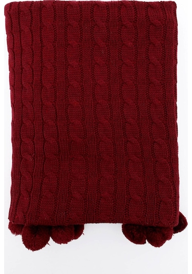Biocotton Triko Ponponlu Örgü Tv Battaniyesi - Bordo