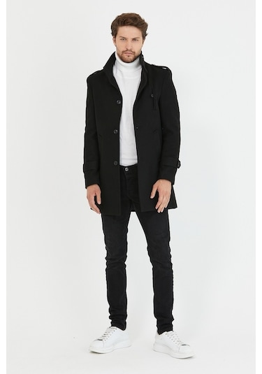 Erkek Siyah Dar Kesim Dik Yaka Uzun Kaşe Kaban-Siyah